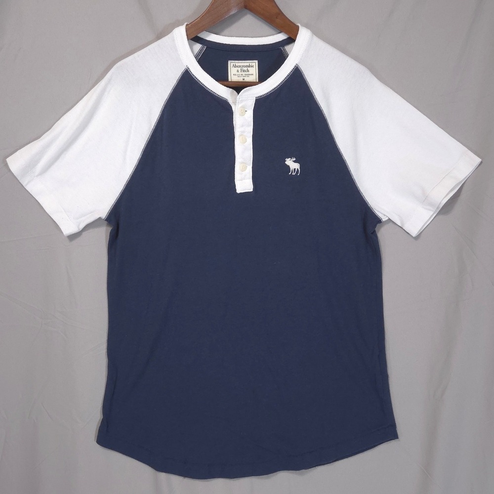 Abercrombie & Fitch Raglan Henley Shirt Mens M Blue White Short Sleeve Moose